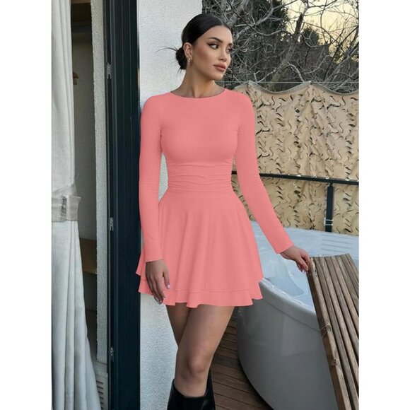 Women's Pink Crew Neck Corset Mini Dress Long Sleeve Ruffle Hem Party Club Wear - Picture 4 of 5